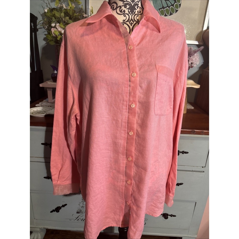 Preston & York Womens Coral 100% Linen Shirt Sz 18 Button Up Sheer Trimmed.